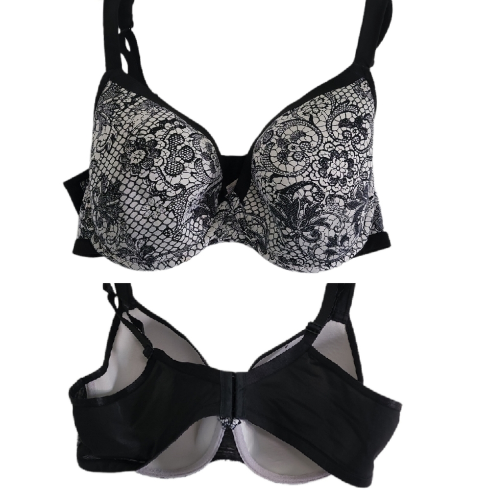 Cacique Black and White Paisley Print Bra With Black Trim 40D